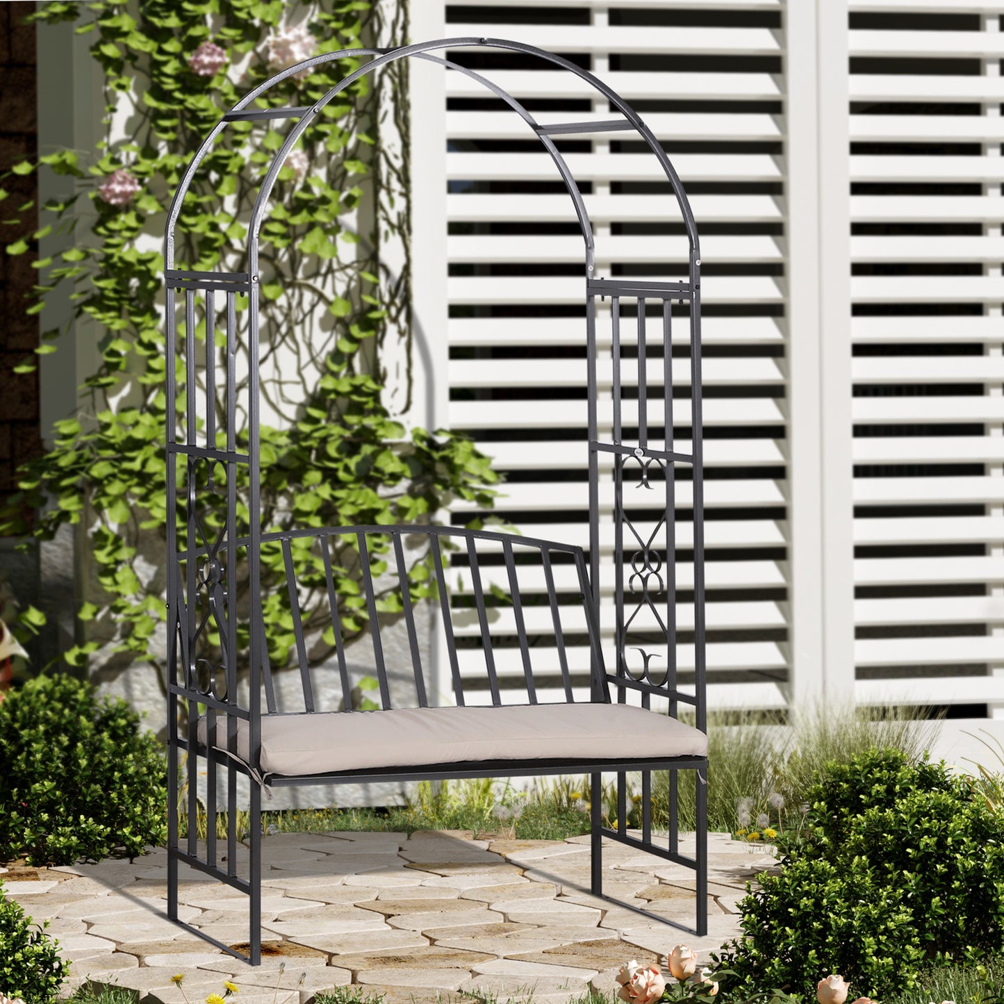 Outsunny Metal Frame Bench W/Arch, 114Lx60Wx206H cm-Grey