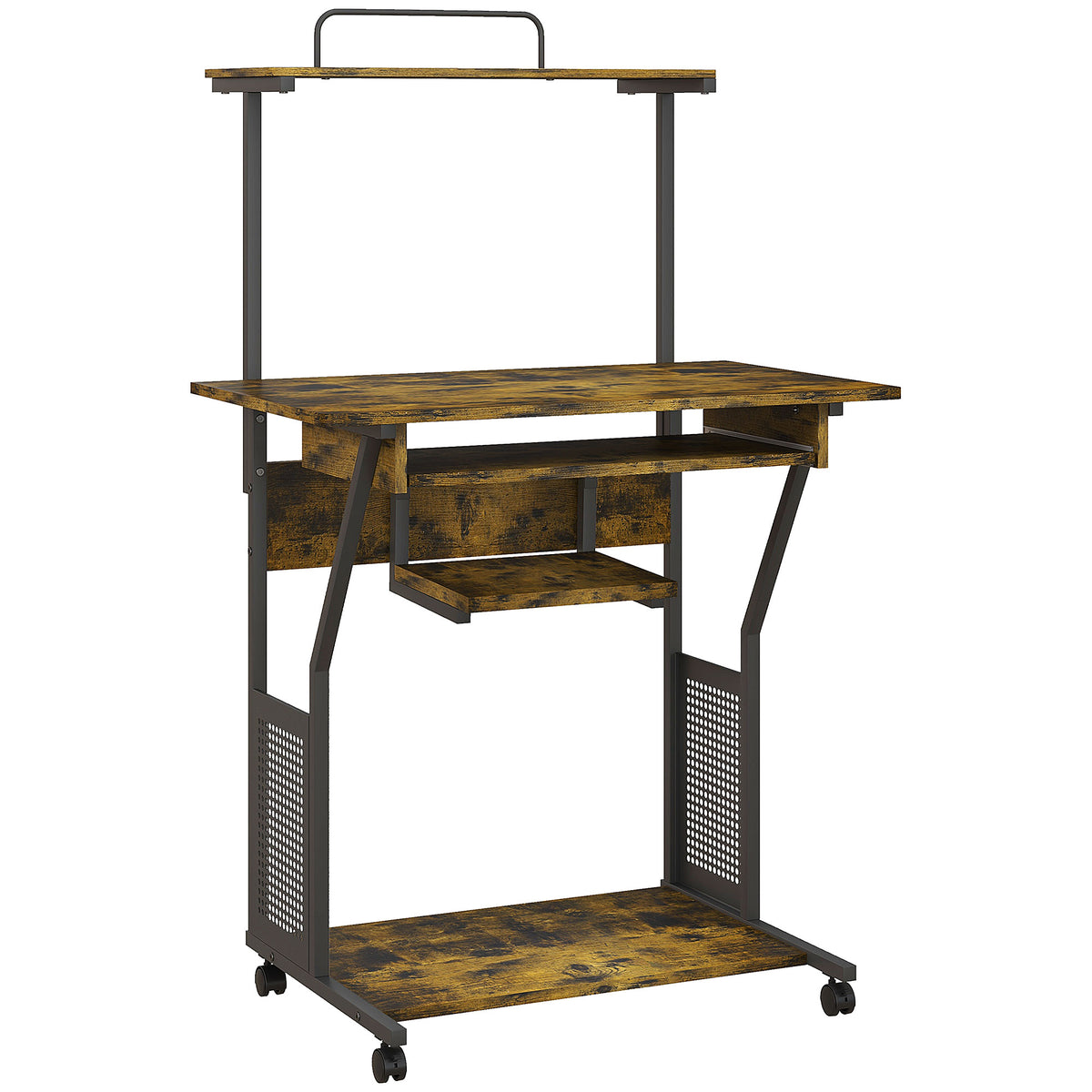 HOMCOM brown and black work desk with raised shelf, sliding keyboard tray, storage rack and bottom shelf