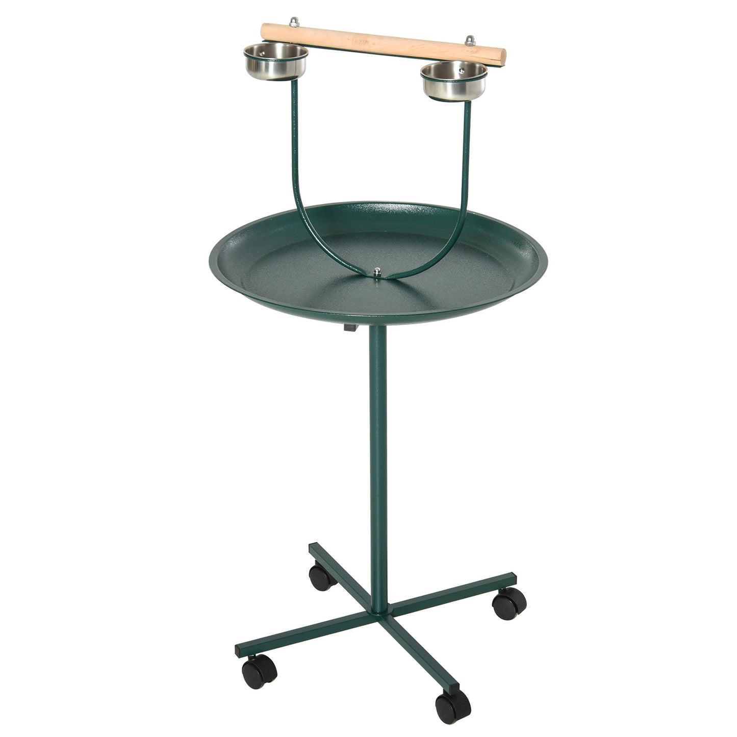 Photo of PawHut Bird Perch Stand with Four Wheels, Feeding Bowls, for Small, Medium Birds, Green in Green colour on a white background