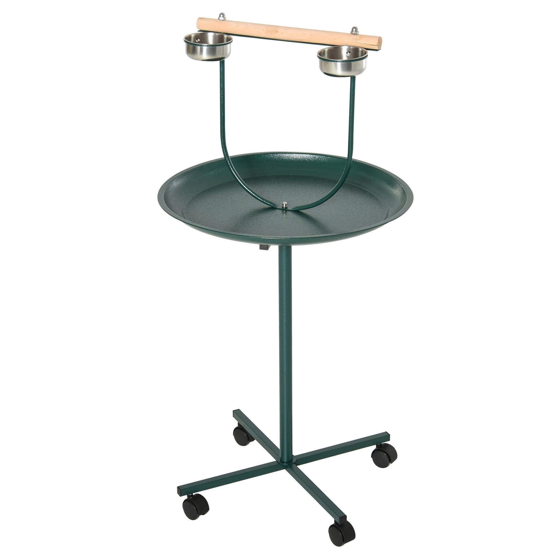 Photo of PawHut Bird Perch Stand with Four Wheels, Feeding Bowls, for Small, Medium Birds, Green in Green colour on a white background