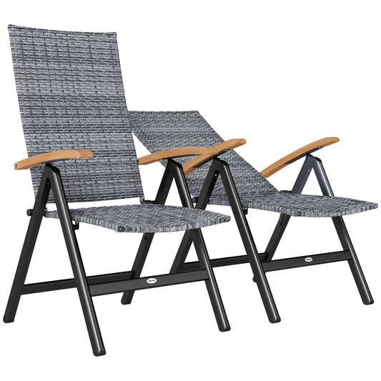 Photo of Outsunny 2 Pieces Folding Rattan Garden Dining Chairs with 5-level Reclining High Back, Wood Armrests for Outdoor - Light Grey in Grey colour on a white background