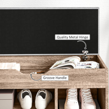 Open shoe bench compartment with metal hinge and groove handle above shoe storage shelves