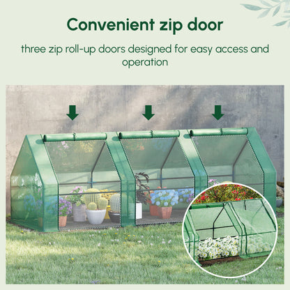 Outsunny greenhouse with three zip-up roll doors shown open