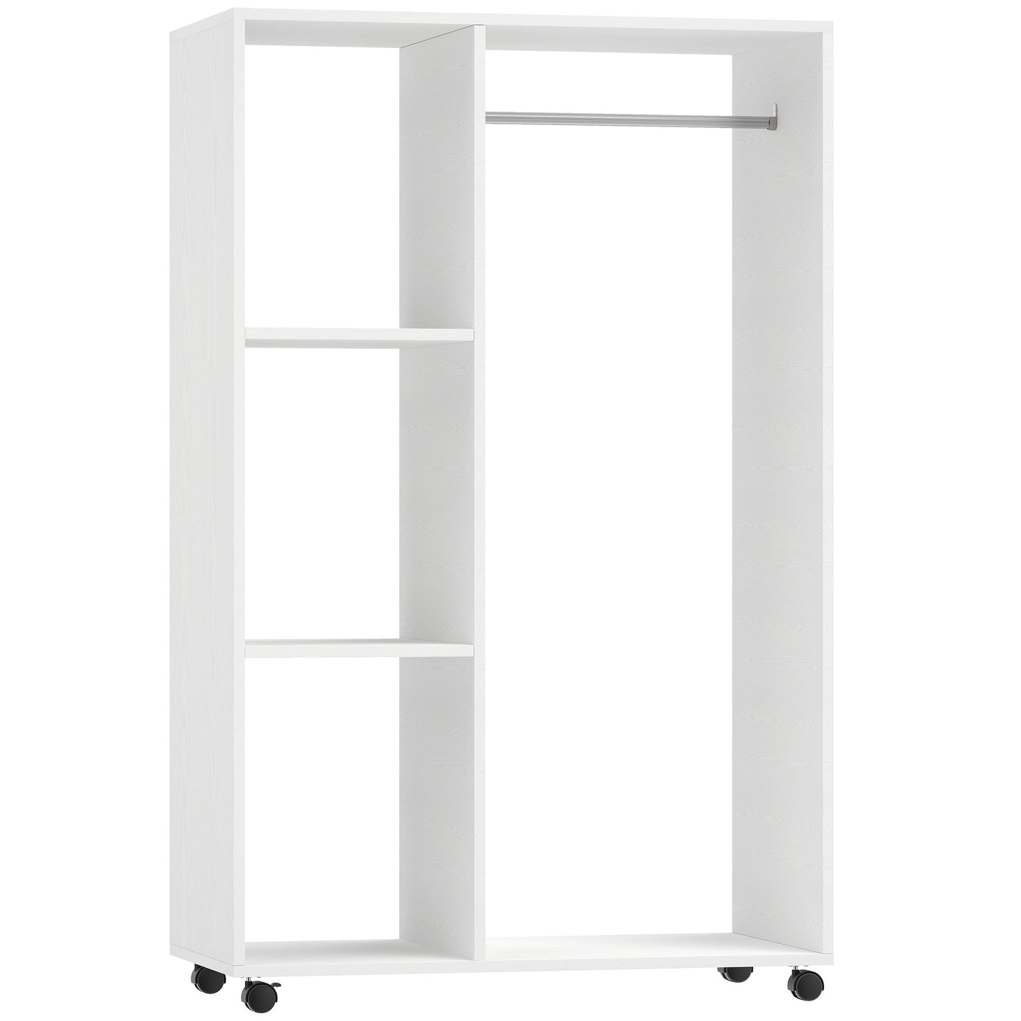 Photo of HOMCOM Open Wardrobe on Wheels, Bedroom Wardrobe with Clothes Hanging Rail, 3 Storage Shelves, Mobile Garment Rack for Cloakroom, Hallway, White in White colour on a white background