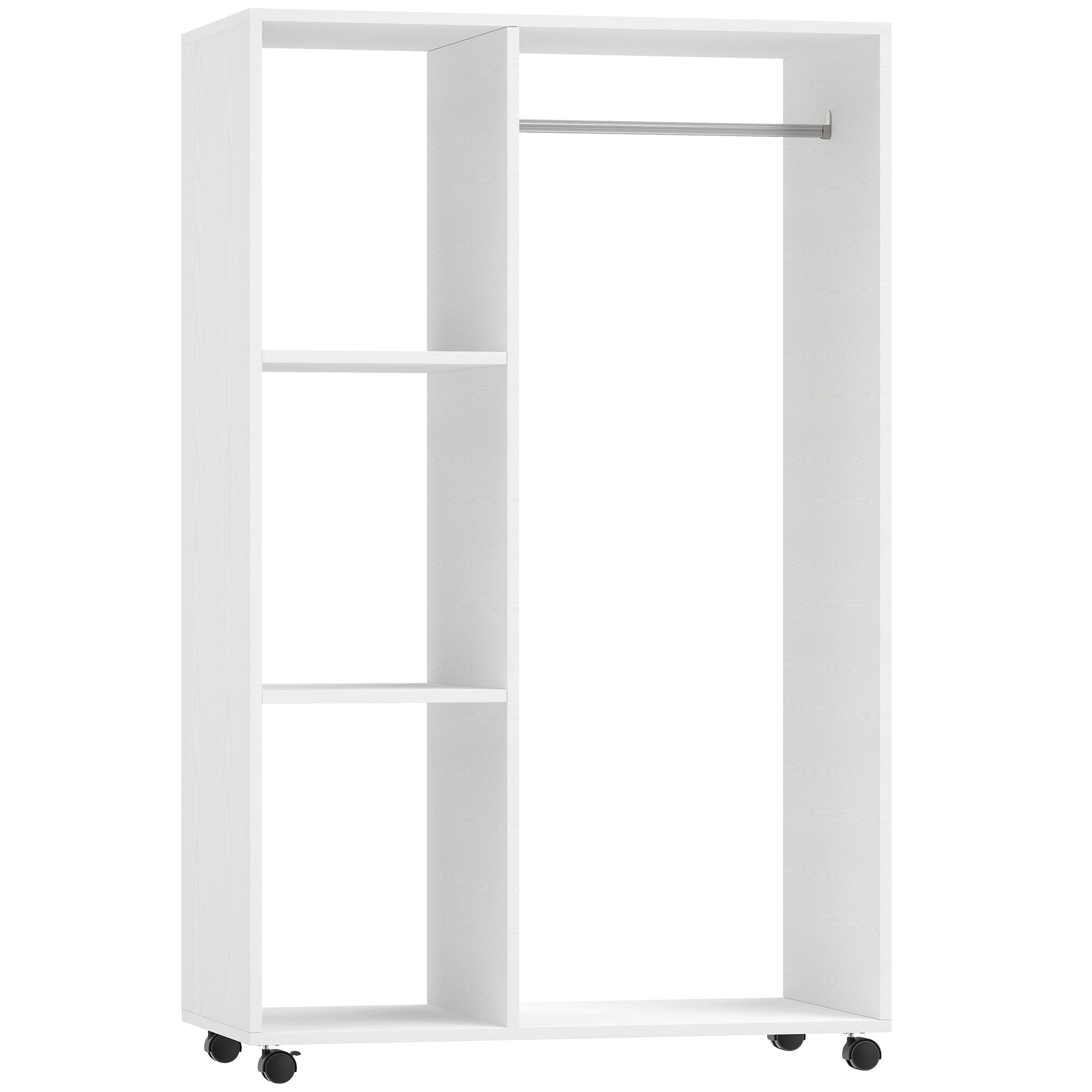 Photo of HOMCOM Open Wardrobe on Wheels, Bedroom Wardrobe with Clothes Hanging Rail, 3 Storage Shelves, Mobile Garment Rack for Cloakroom, Hallway, White in White colour on a white background