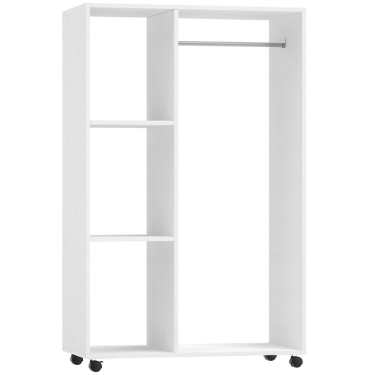 Photo of HOMCOM Open Wardrobe on Wheels, Bedroom Wardrobe with Clothes Hanging Rail, 3 Storage Shelves, Mobile Garment Rack for Cloakroom, Hallway, White in White colour on a white background