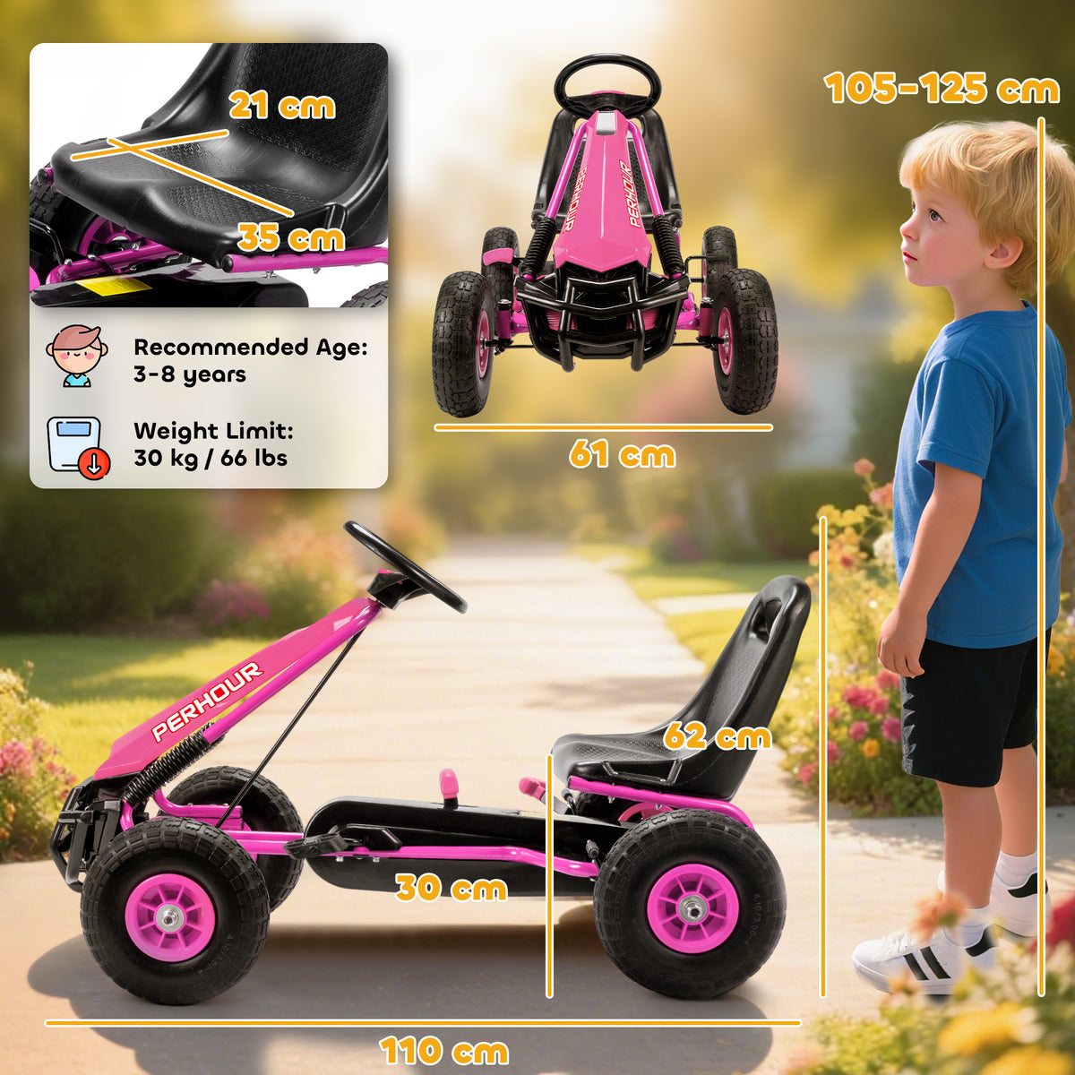 AIYAPLAY Kids Pedal Go Kart with Adjustable Seat, EVA Tyres, Manual Clutch, Brake, Go Kart for Kids 3-8 Years, Pink