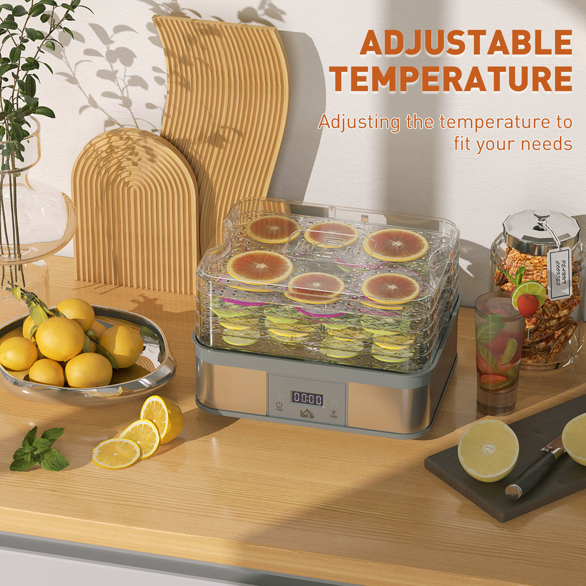 HOMCOM food dehydrator with sliced citrus in clear trays and adjustable temperature controls