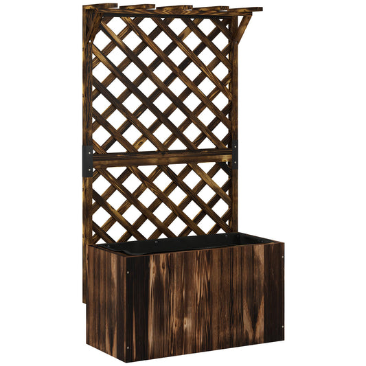 Photo of Outsunny Wooden Planter with Trellis, Freestanding Raised Garden Bed with Drainage Holes, Outdoor Planter Box with Liner for Vegetables, Herbs and Flowers, Carbonised in Carbonised colour on a white background