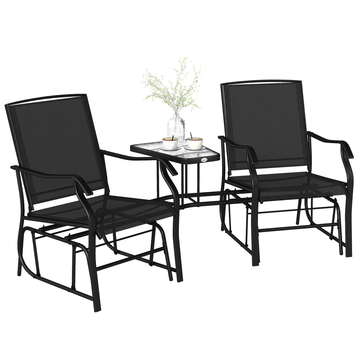Outsunny black gliding patio chairs with a glass-top center table