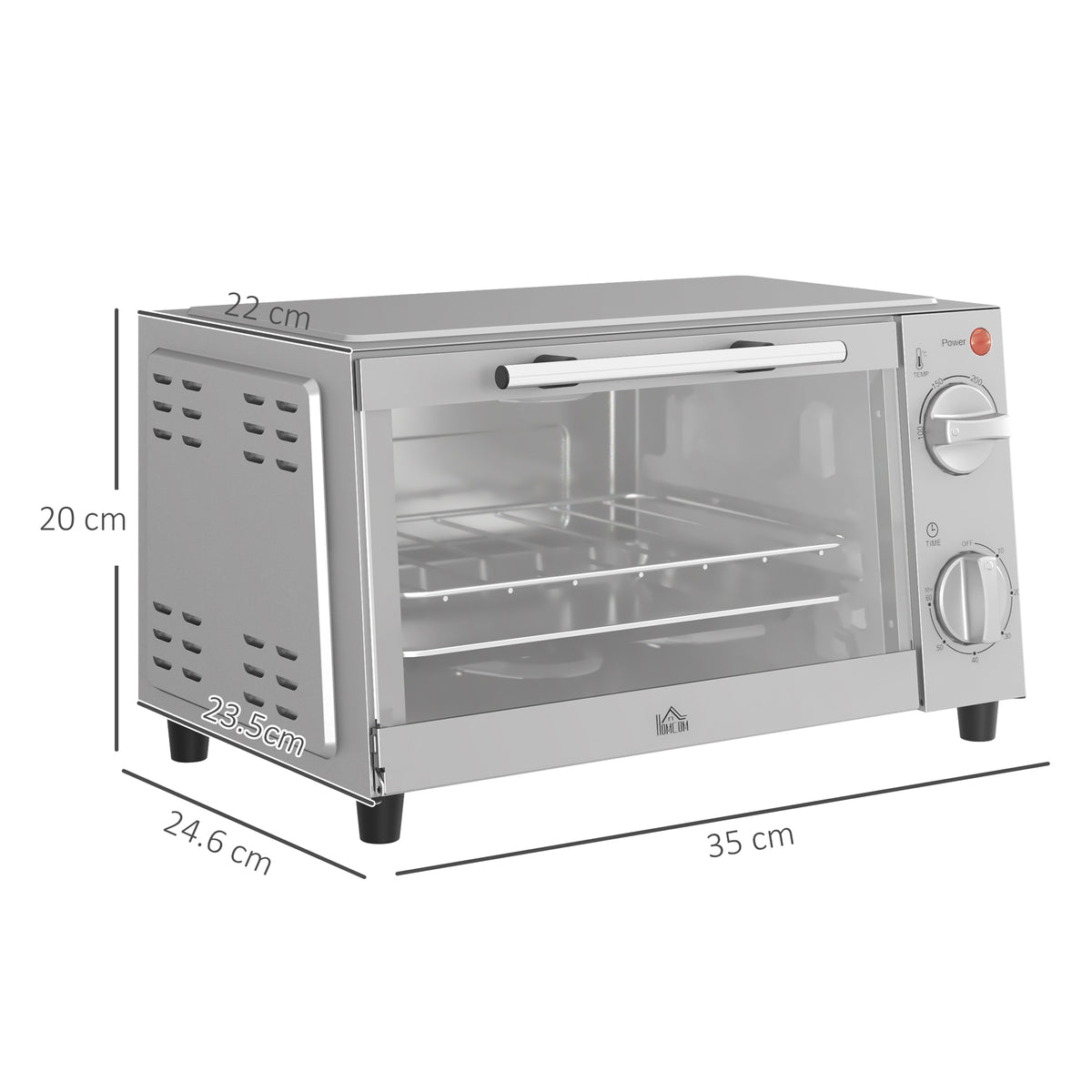 HOMCOM Mini Oven, 9L Countertop Electric Grill, Toaster Oven with Adjustable Temperature, Timer, Dishwasher Safe Baking Tray and Wire Rack, 750W, Silver