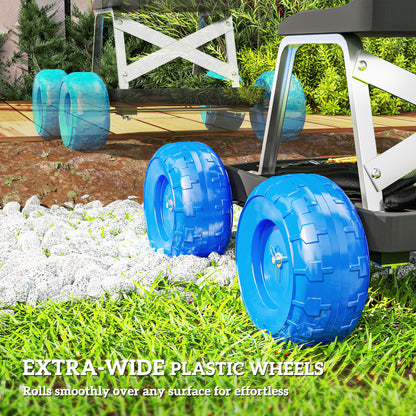 Garden cart with extra-wide blue plastic wheels for rolling over uneven ground