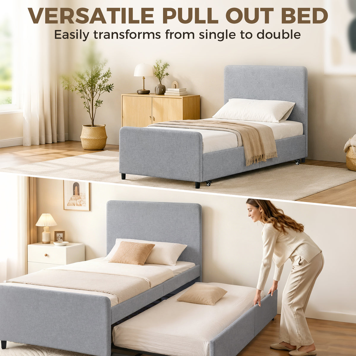 HOMCOM 3ft Single Bed Frame with Trundle, Upholstered Pull Out Trundle Bed with Headboard and Footboard, Light Grey