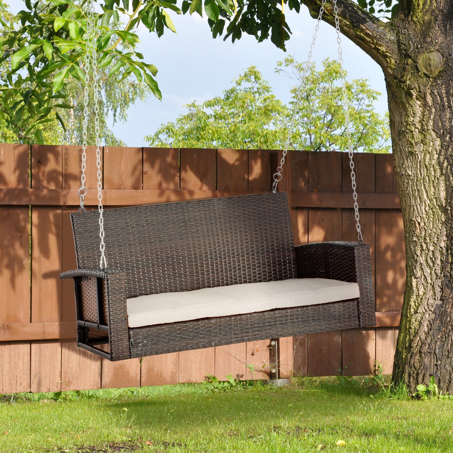 Outsunny 2 Seater Rattan Garden Swing Chair, Porch Swing Bench Loveseat with Cushion, Wicker Outdoor Hanging Swinging Seat with 2 Metal Chains, 250 KG Capacity for Patio, Balcony, Cream White