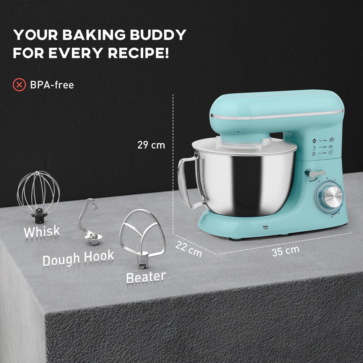 HOMCOM 1300W Kitchen Stand Mixer, with Accessories - Blue