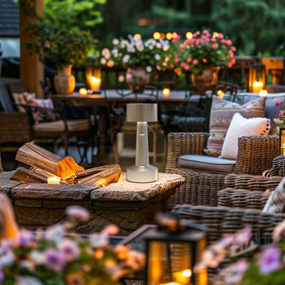 HOMCOM cordless silver table lamp displayed on an outdoor patio table