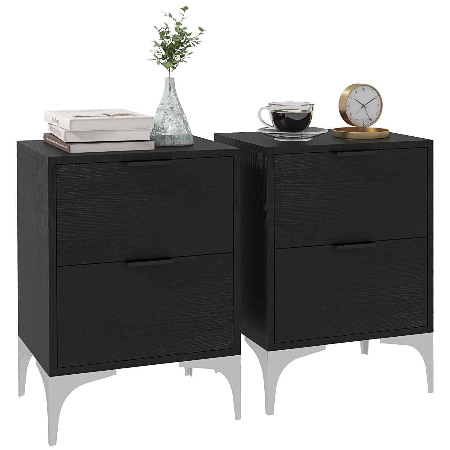 Photo of HOMCOM Set of Two Wood Effect Bedside Tables with Silver Tone Steel Base, Black in Black colour on a white background