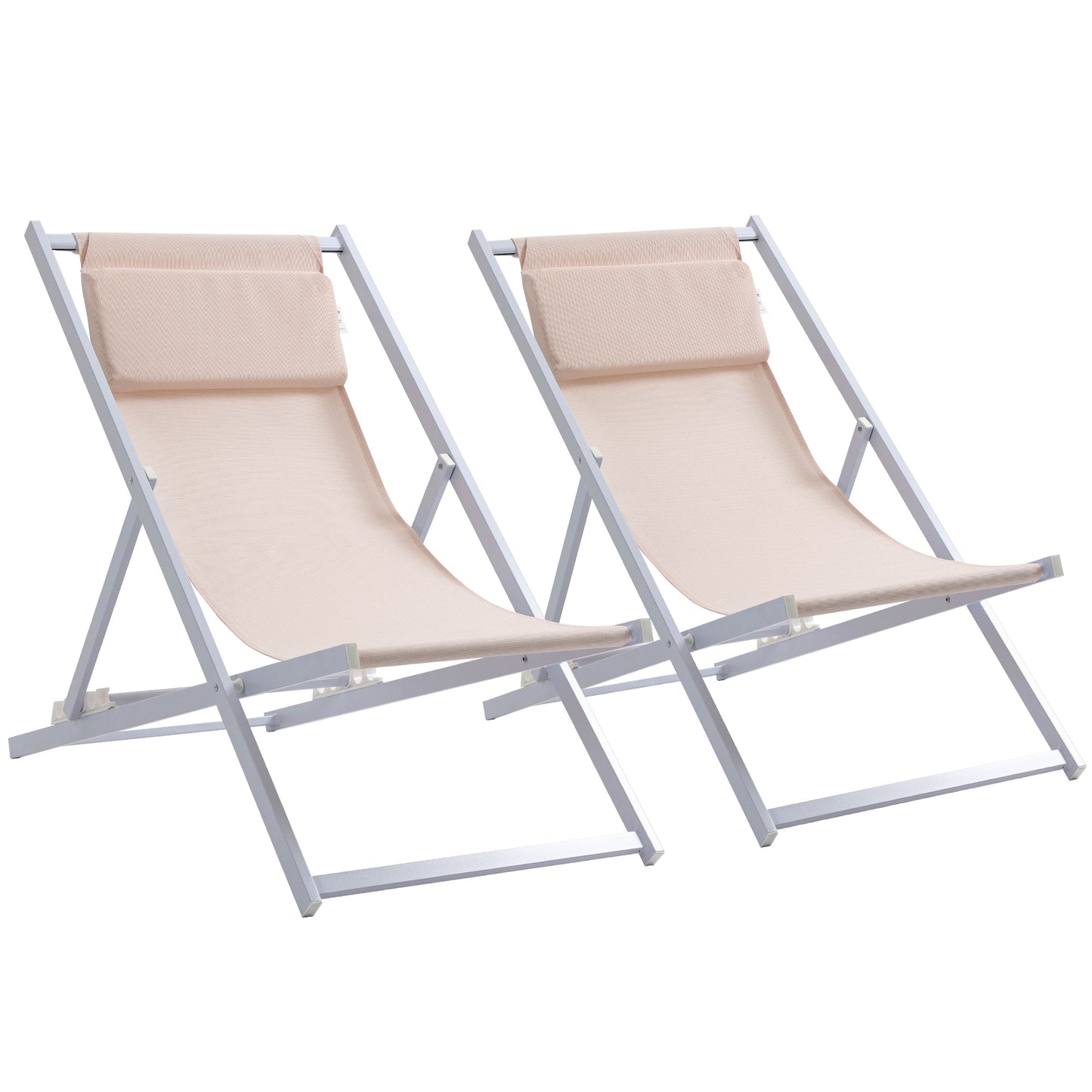 Photo of Outsunny Set of 2 Folding Garden Beach Aluminium Frame Deck Chairs Deckchairs Seaside Folding Garden Patio Lounger, Beige in Beige colour on a white background