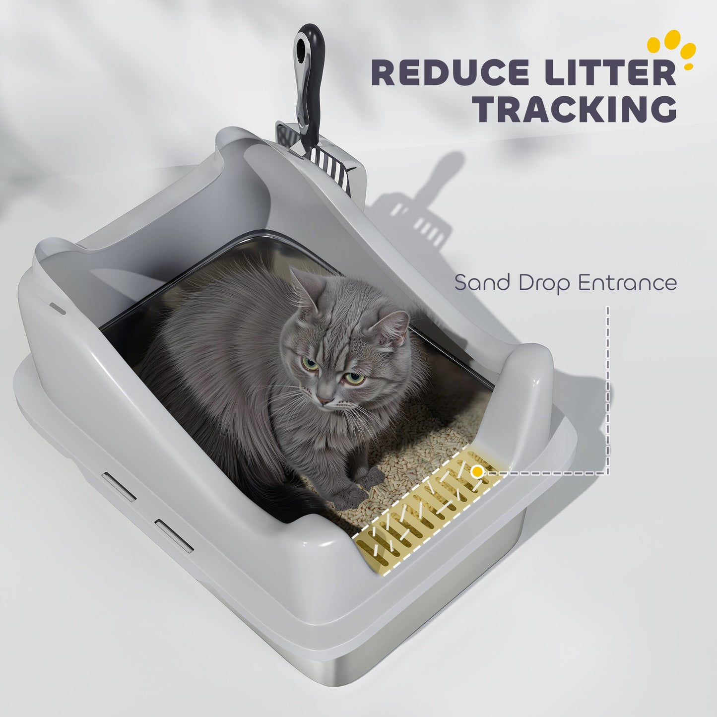 PawHut Stainless Steel Cat Litter Box with High Sides, Metal Scoop, 43 x 33 x 25 cm