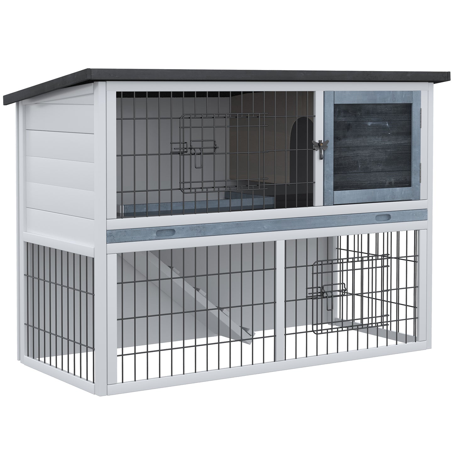 Photo of PawHut 2-Tier Wooden Rabbit Hutch Guinea Pig House Bunny Cage Backyard w/ Openable Roof Small Animal House for Outdoor Grey, 108 x 45 x 78 cm in cm colour on a white background