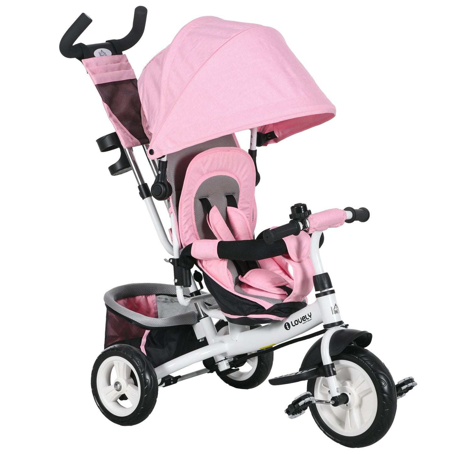 Photo of HOMCOM 6 in 1 Kids Trike with Parent Handle, Canopy, 5-point Seat Belt, Storage, Footrest, Brake, for 1-5 Years, Pink in Pink colour on a white background