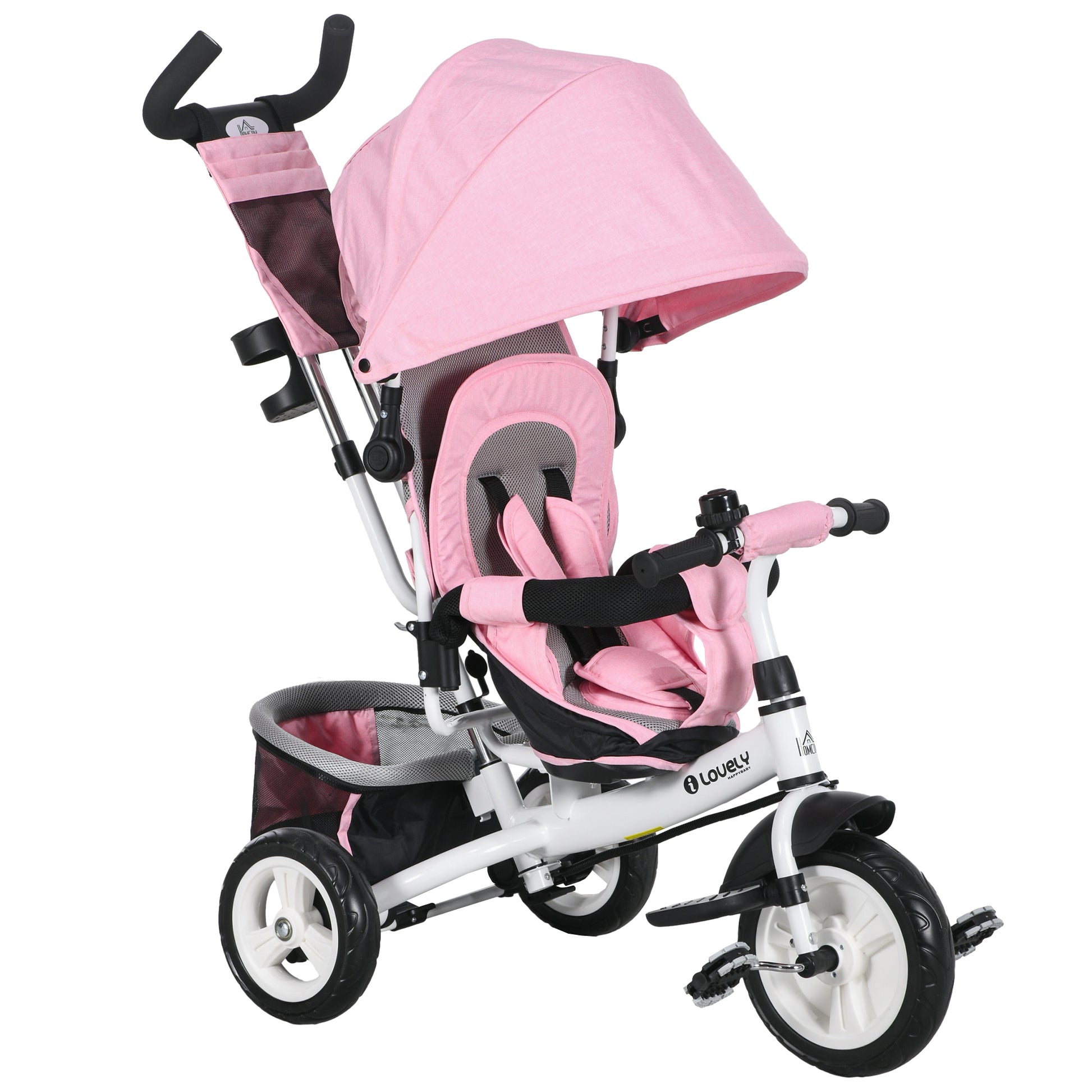 Photo of HOMCOM 6 in 1 Kids Trike with Parent Handle, Canopy, 5-point Seat Belt, Storage, Footrest, Brake, for 1-5 Years, Pink in Pink colour on a white background