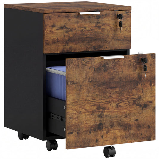 Photo of HOMCOM Two-Drawer Lockable Filing Cabinet - Black and Rustic Brown in Brown colour on a white background
