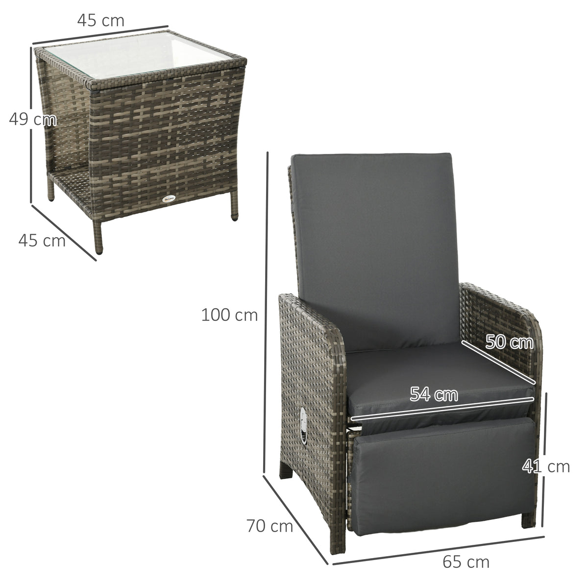Outsunny 3 Pieces Rattan Bistro Set Balcony Furniture with Cushions, Storage Function - Dark Grey