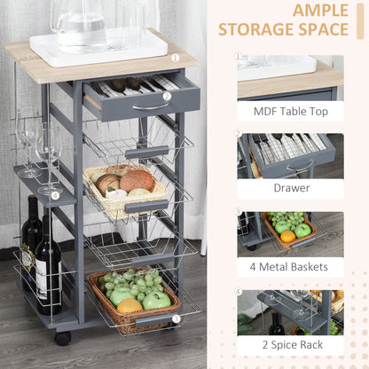 Rolling gray kitchen cart with four metal baskets, a drawer, and side spice racks