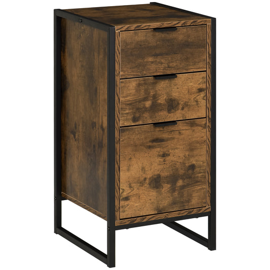 Photo of HOMCOM 3 Drawer Chest of Drawers, Industrial Bedside Cabinet with Metal Frame and Runner, Small Storage Unit for Bedroom, Living Room or Office, 39 x 40 x 76.5 cm, Rustic Brown in Brown colour on a white background