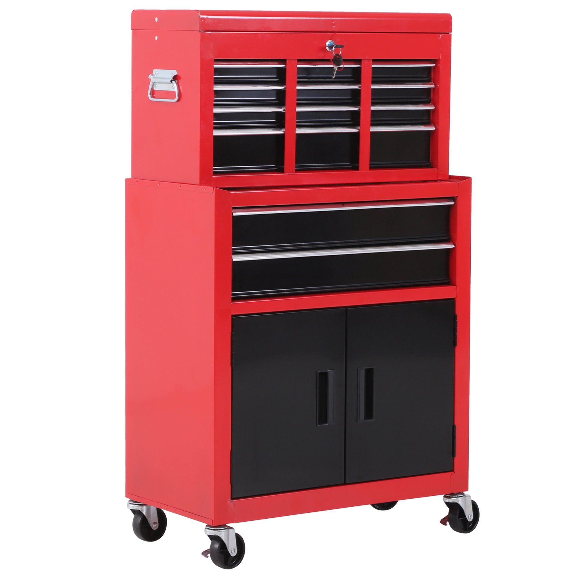 Photo of HOMCOM Tool Chest, Metal Tool Cabinet on Wheels with 6 Drawers, Pegboard, Top Chest and Roller Cabinet Combo, 61.6 x 33 x 108cm, Red and Black in Black colour on a white background
