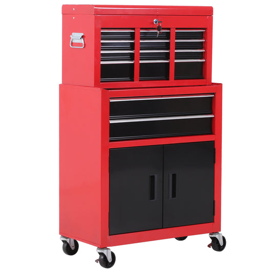 Photo of HOMCOM Tool Chest, Metal Tool Cabinet on Wheels with 6 Drawers, Pegboard, Top Chest and Roller Cabinet Combo, 61.6 x 33 x 108cm, Red and Black in Black colour on a white background