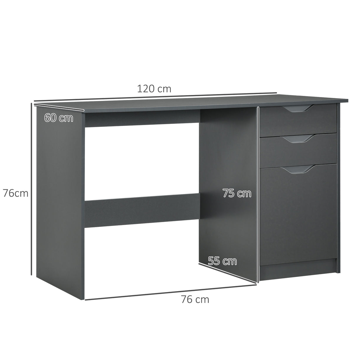 Grey computer desk with two drawers and a storage cabinet, shown with dimensions.