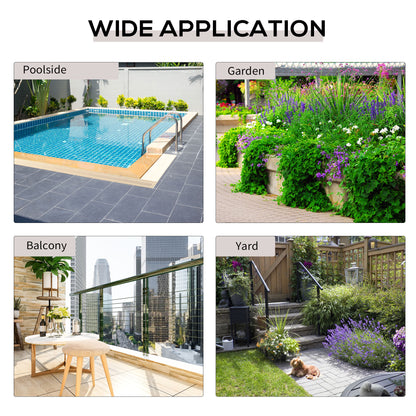 Folding woven side table shown in poolside, garden, balcony, and yard settings