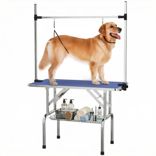 Photo of PawHut 42" Dog Grooming Table, Adjustable Pet Cat Drying Beauty Table with 2 Loops Storage Basket, Rubber Top, Blue in Blue colour on a white background