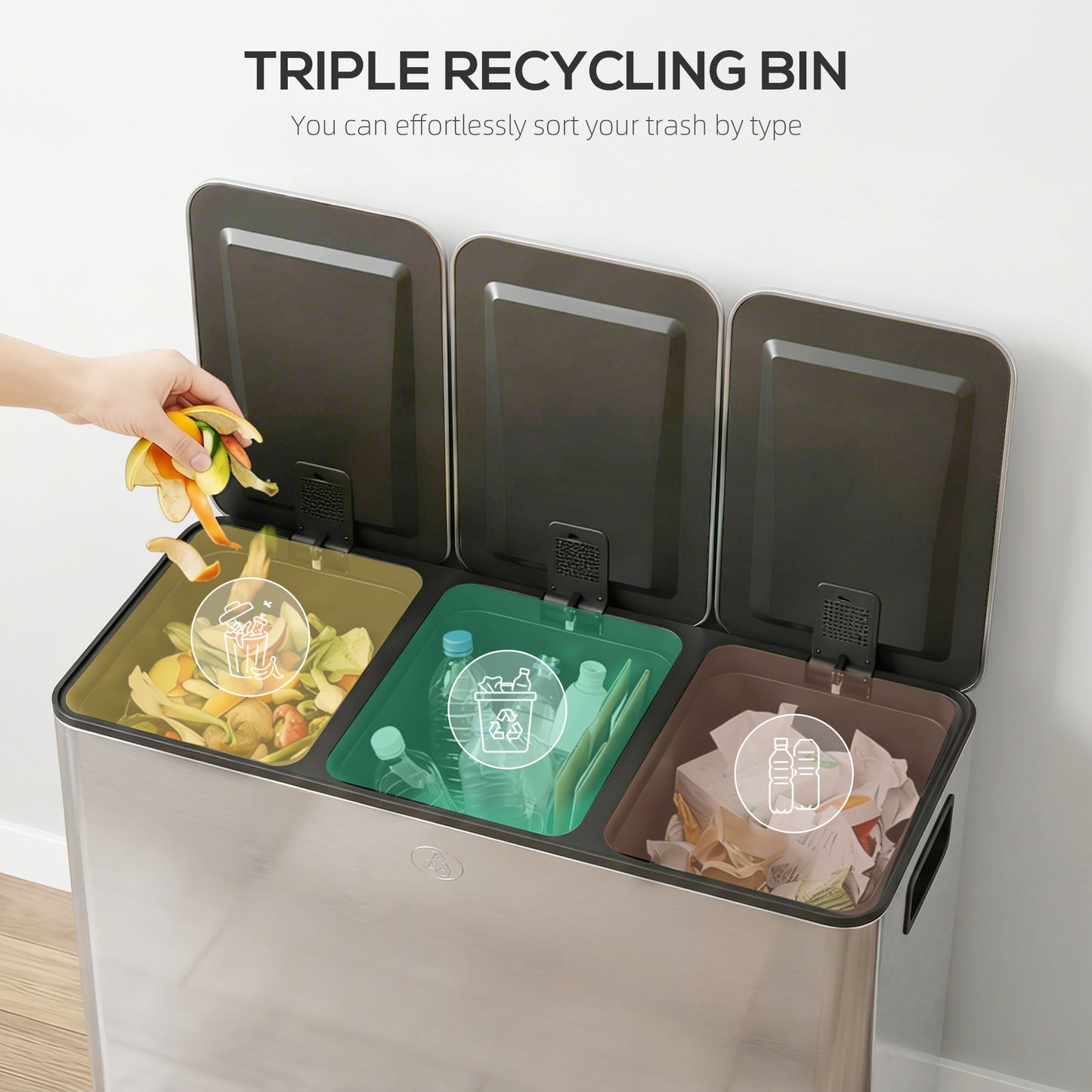 HOMCOM 3 x 20L Pedal Bin, Steel Triple Kitchen Bin with Soft Close Lid, Removable Inner Buckets, Fingerprint-Proof, Silver Tone