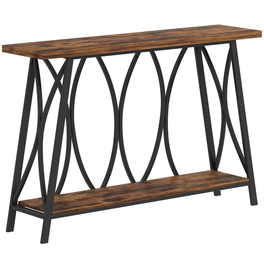 Photo of HOMCOM Narrow Console Table, Industrial 2-Tier Sofa Table with Metal Frame for Entryway, Living Room, 120x30x80cm, Rustic Brown in Brown colour on a white background