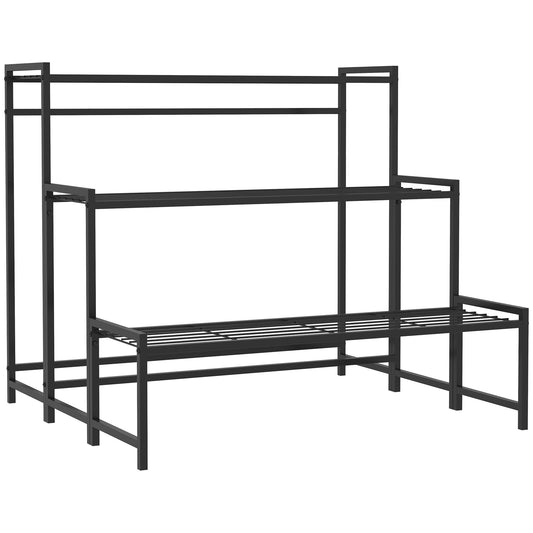 Photo of Outsunny Three-Tier Metal Plant Shelf - Black in Black colour on a white background