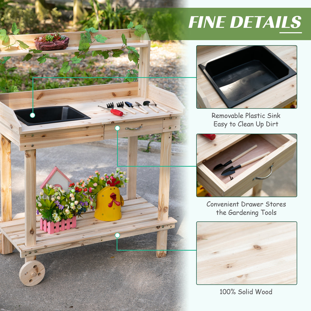 Outsunny potting bench details: removable sink, tool drawer, and solid wood construction