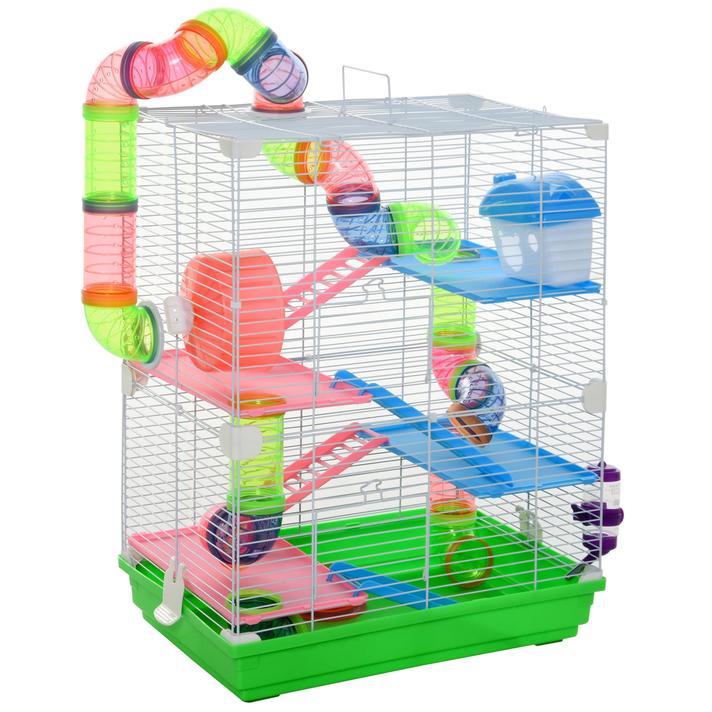 Photo of PawHut 5 Tier Hamster Cage Carrier Habitat w/ Exercise Wheels, Tunnel, Green in Green colour on a white background
