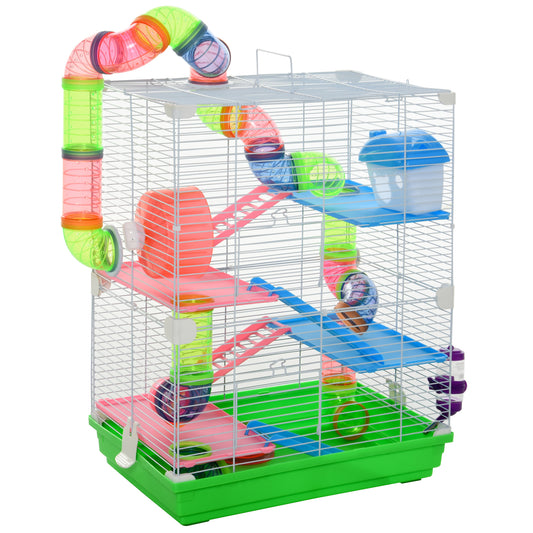 Photo of PawHut 5 Tier Hamster Cage Carrier Habitat w/ Exercise Wheels, Tunnel, Green in Green colour on a white background