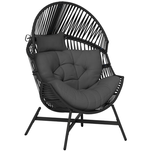 Photo of Outsunny Rattan Egg Chair, Oversized Freestanding Garden Egg Chair with Thick Tufted Cushion, Headrest, Steel Frame for Indoor and Outdoor Use, Charcoal Grey in Grey colour on a white background