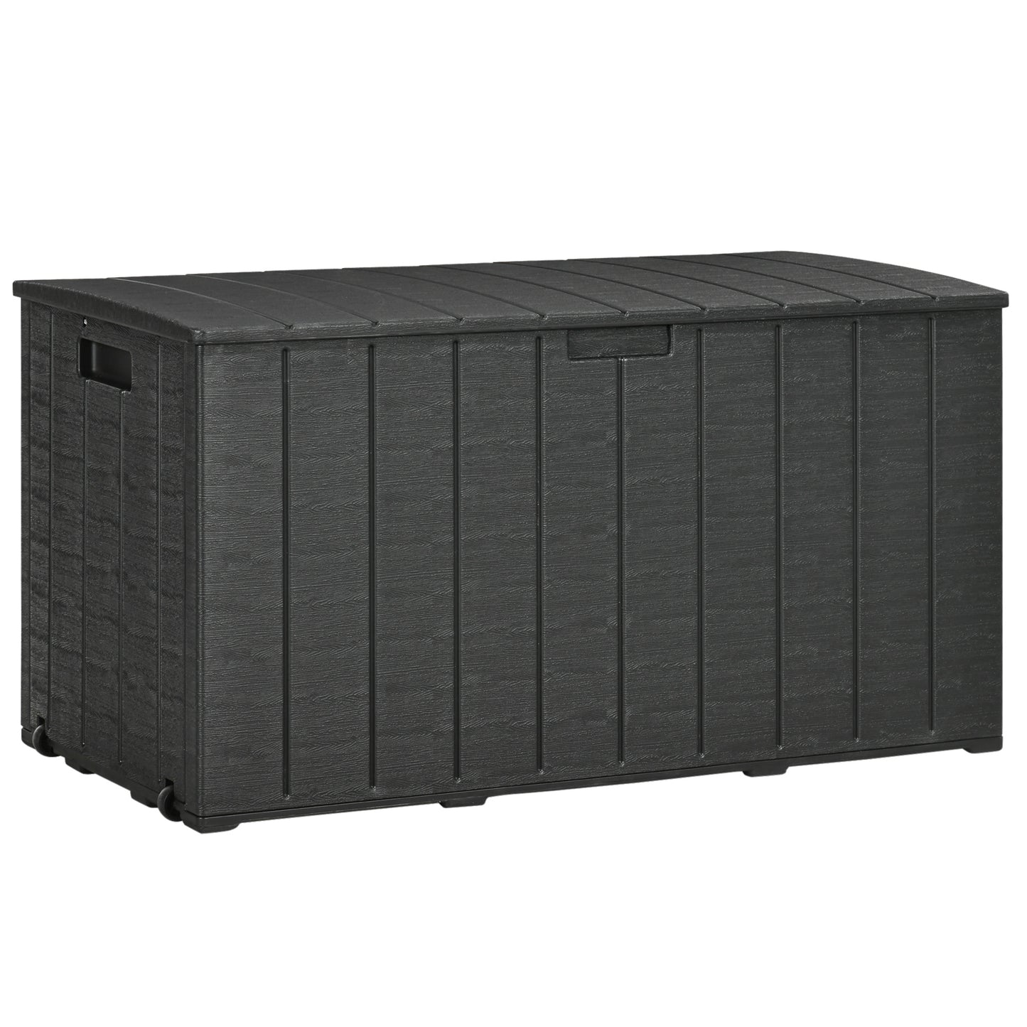 Photo of Outsunny 336 Litre Garden Storage Box, Water-resistant Heavy Duty Double Wall Plastic Container, Extra Large Outdoor Garden Furniture Organizer, Deck Cushion Chest with Wheels and Handles, Black in Black colour on a white background