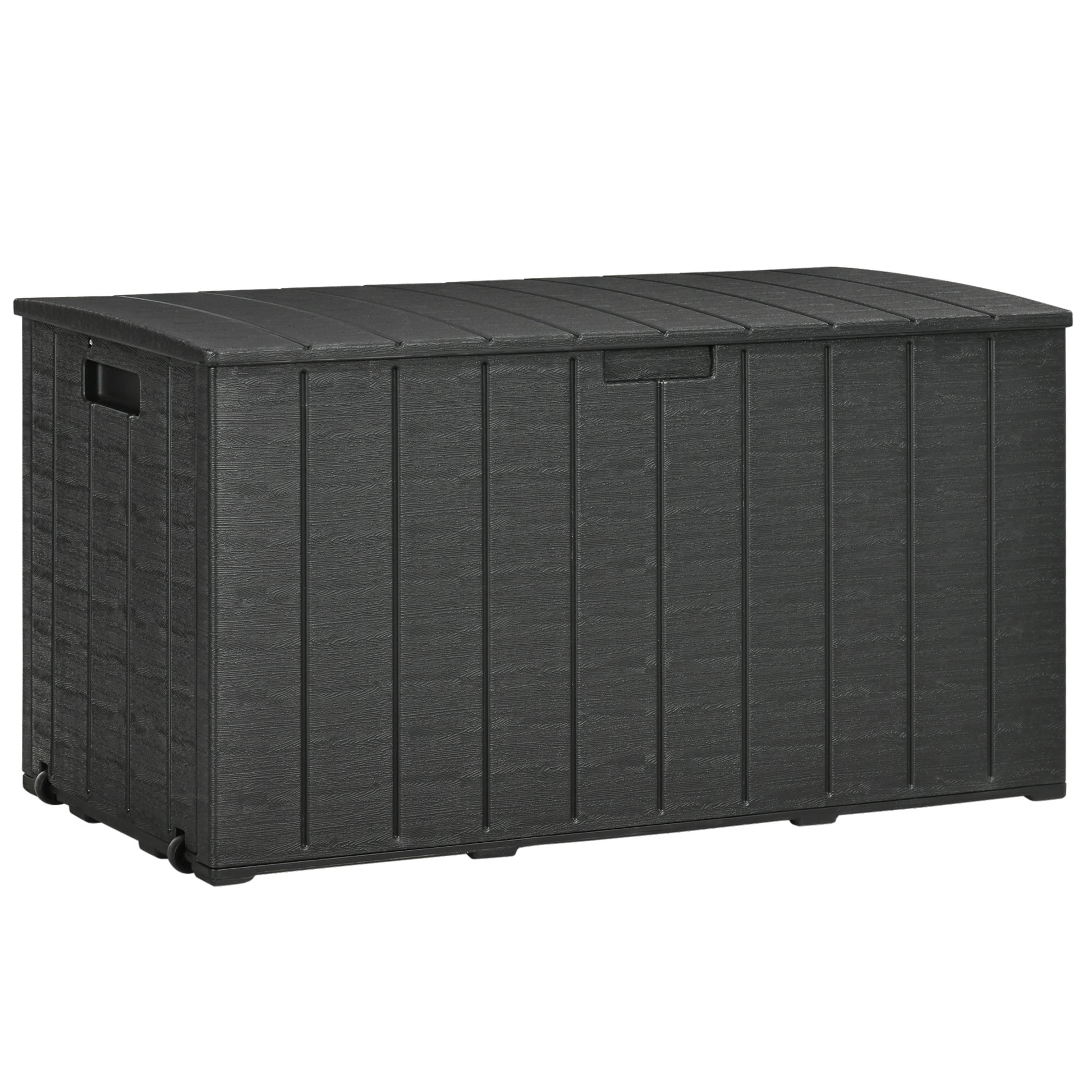Photo of Outsunny 336 Litre Garden Storage Box, Water-resistant Heavy Duty Double Wall Plastic Container, Extra Large Outdoor Garden Furniture Organizer, Deck Cushion Chest with Wheels and Handles, Black in Black colour on a white background