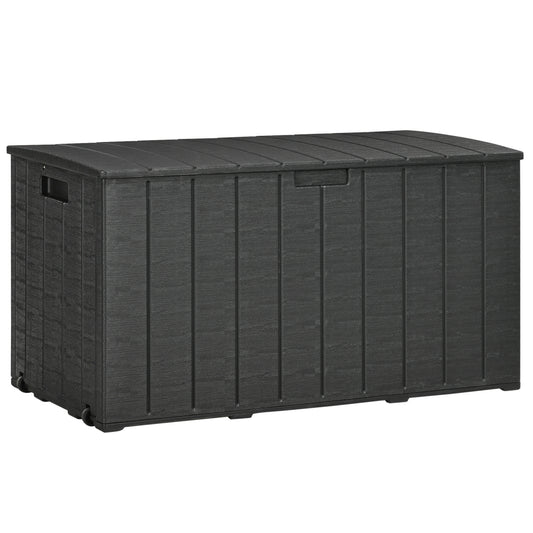 Photo of Outsunny 336 Litre Garden Storage Box, Water-resistant Heavy Duty Double Wall Plastic Container, Extra Large Outdoor Garden Furniture Organizer, Deck Cushion Chest with Wheels and Handles, Black in Black colour on a white background