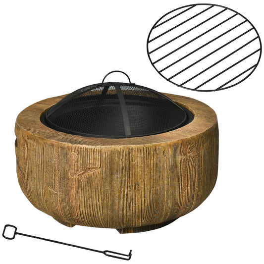 Photo of Outsunny Outdoor Fire Pit, 61.5 cm Metal Wood Burning Fireplace with Spark Cover, Poker, Woodgrain Design in Design colour on a white background
