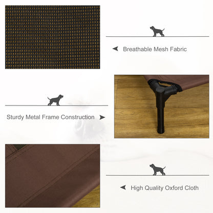 Raised dog cot details showing breathable mesh, brown Oxford cloth, and sturdy metal frame