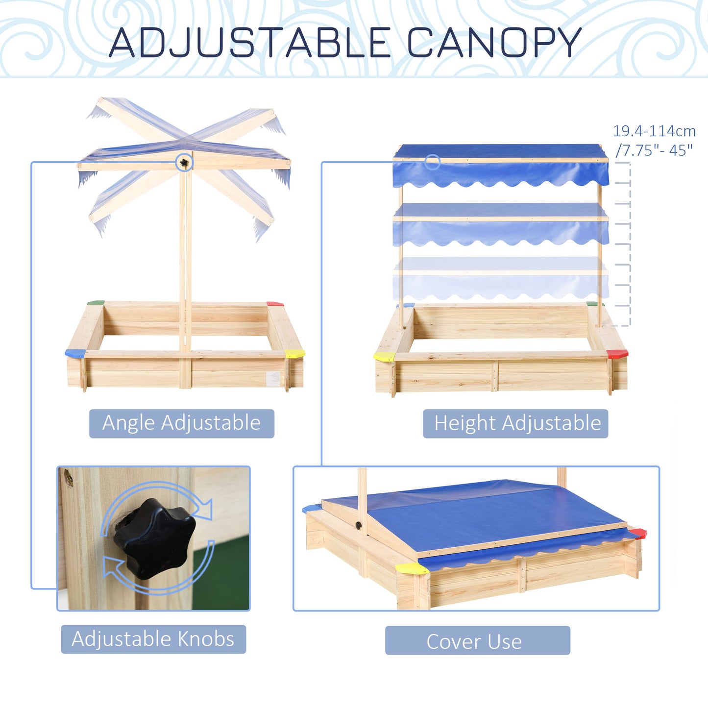 Outsunny Sandpit, Kids Wooden Sandbox with Adjustable Canopy, Bench Seats & Protective Corners for 3-6 Years Boys Girls, 120x120x120cm