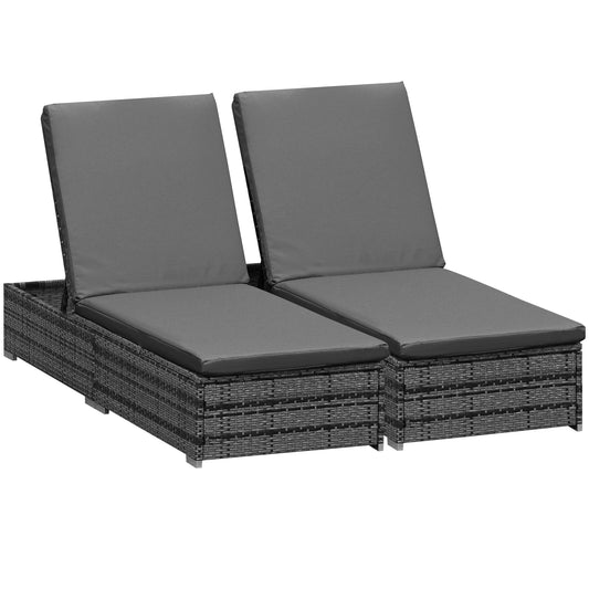 Photo of Outsunny PE Rattan Sun Loungers with Cushion, Outdoor Garden Sunbed Furniture with 5-Level Recliner Backrest, and Armrest, Set of 2, Grey in Grey colour on a white background