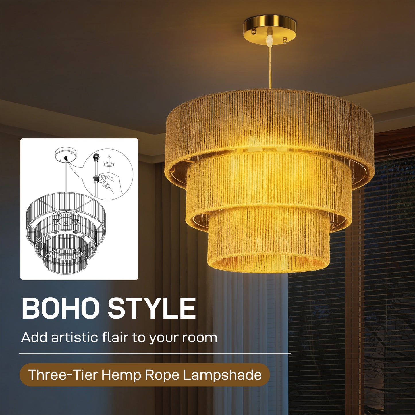 HOMCOM Hemp Rope Ceiling Light, 3-Layer Boho Pendant Light, 4 x E14 Vintage Ceiling Lamp Fixtures for Living Room, Bedroom, Kitchen, Hallway, Light Brown